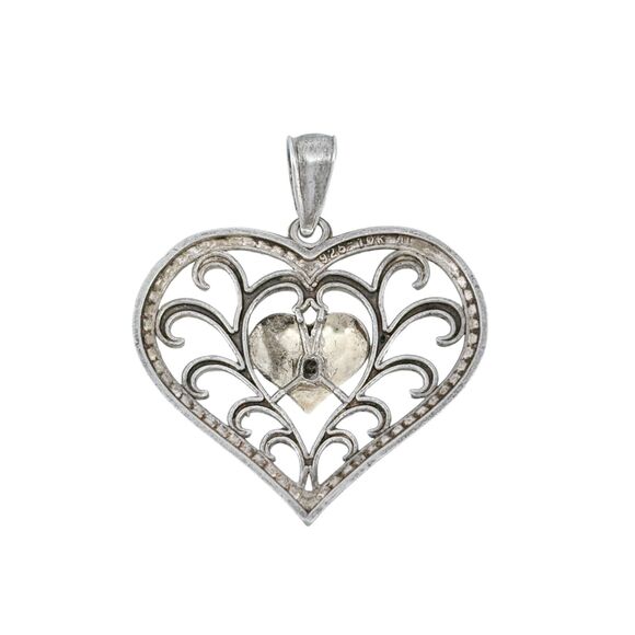 Vintage Sterling Silver 925 & 10K Gold Heart Filigree Scroll Pendant - Picture 4 of 7